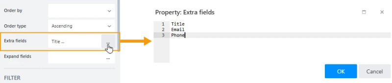 Property inspector with the Extra fields property and the dialog that opens when you click to modify the property