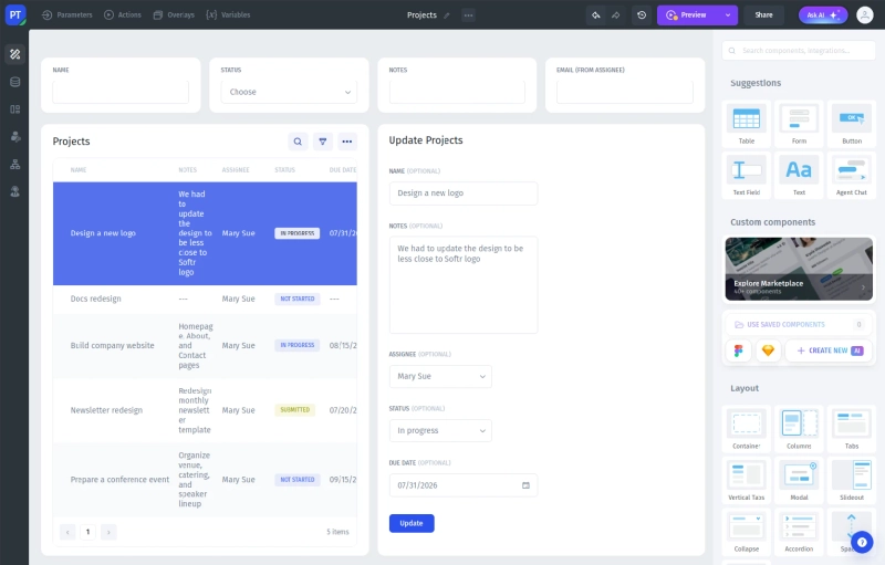 Modified page template in the no-code editor of Jet Admin