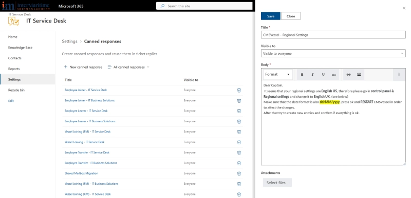 Canned responses settings