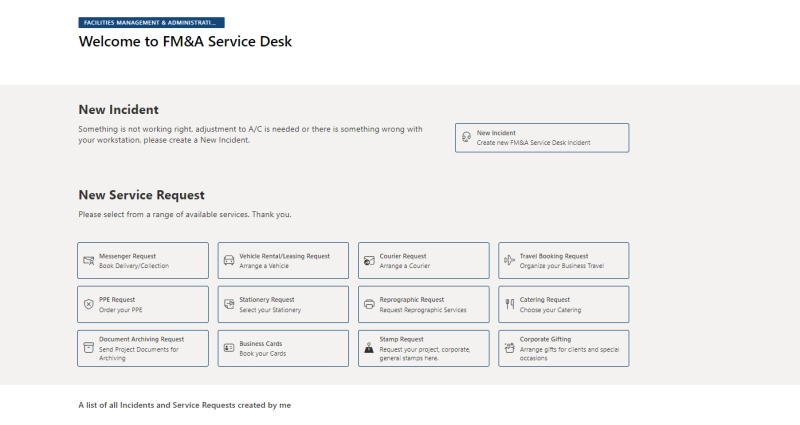 FMA Service Desk dashboard