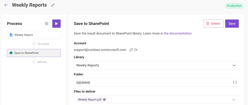 Plumsail Documents delivery option configured to store the generated report in a SharePoint document library