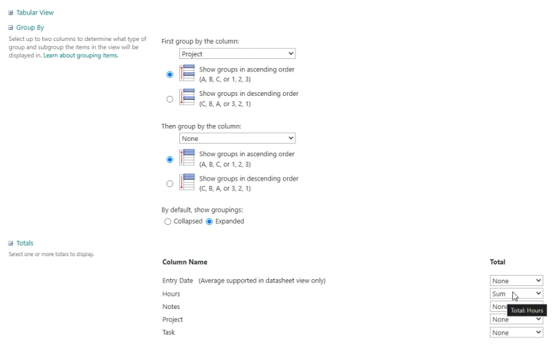 View settings with grouping and totals