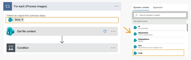 Power Automate For each loop iterating over SharePoint attachments, that includes a Get file content action