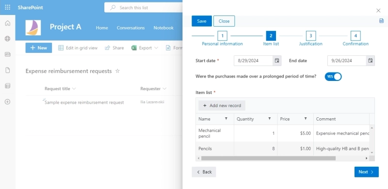 Form and the SharePoint list