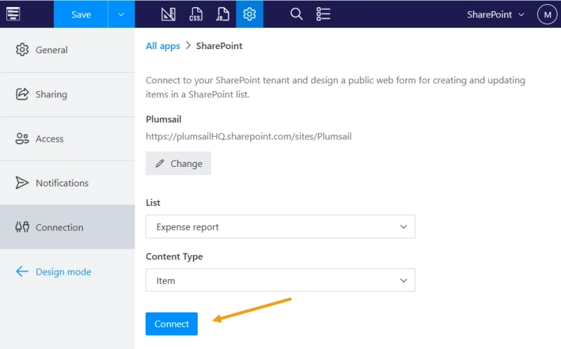 Plumsail Forms connection with SharePoint