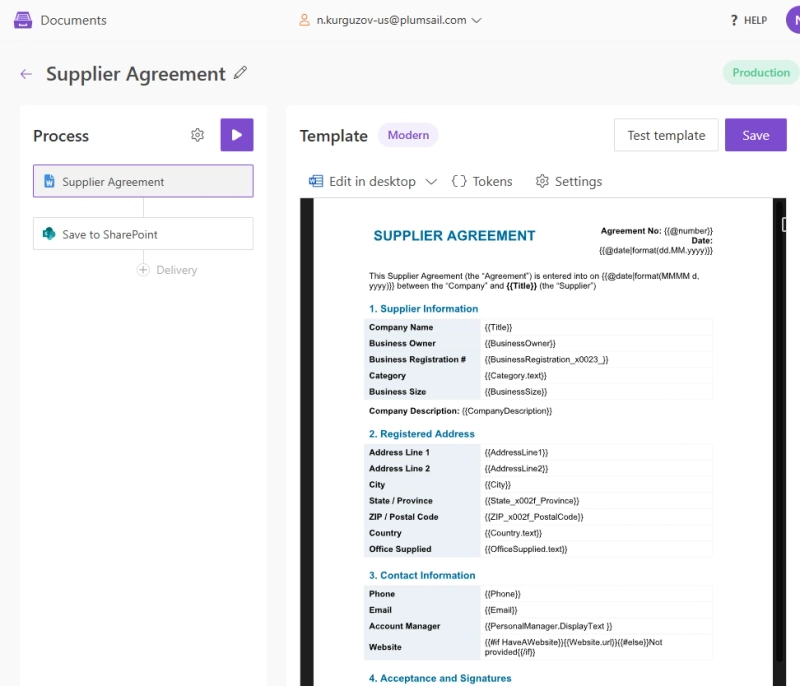 Supplier agreement process built with Plumsail Documents