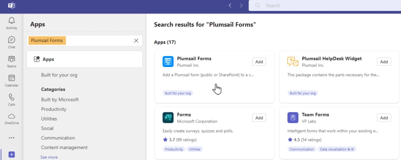 Plumsail Forms app in Microsoft Teams app catalog