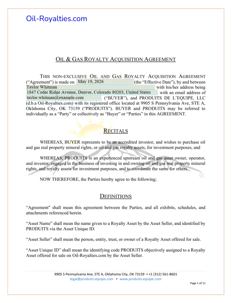 Example of a pre-filled Oil-Royalties e-sign agreement generated with Plumsail Documents