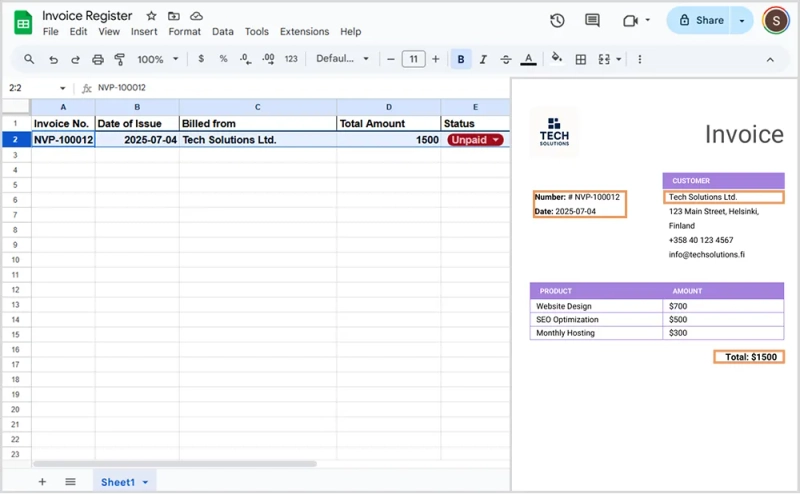 Preview of invoice data added to Google Sheets
