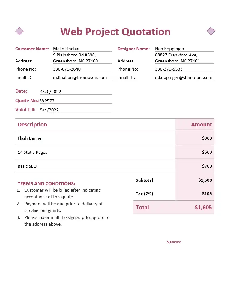 Web project quotation free template