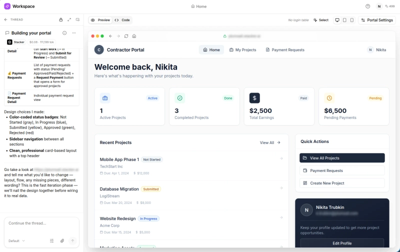 Stacker's no code editor with the client portal preview