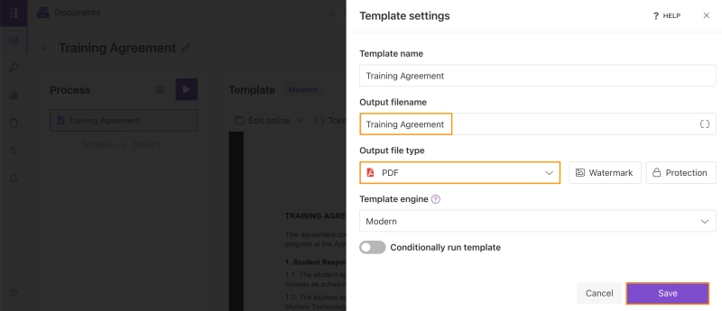 Plumsail Documents output file settings for generated document format