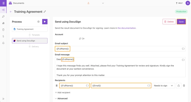 DocuSign delivery configuration for sending generated documents for signing