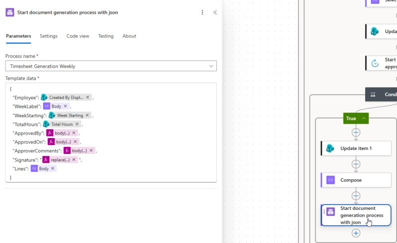 Documents action in the flow