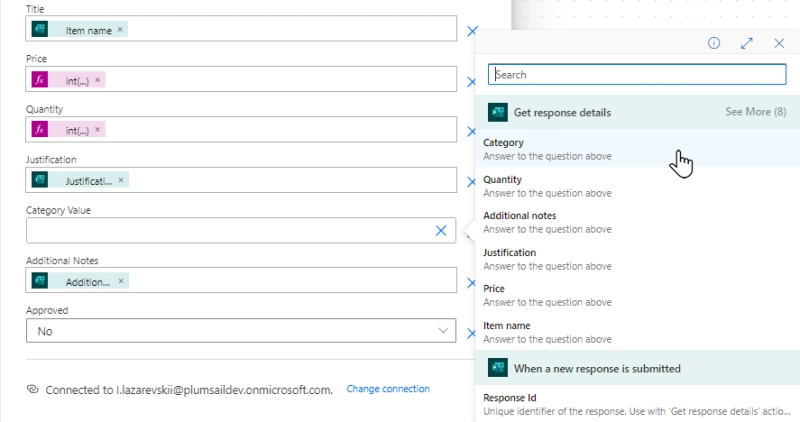 Add category to the SharePoint item for the approval request