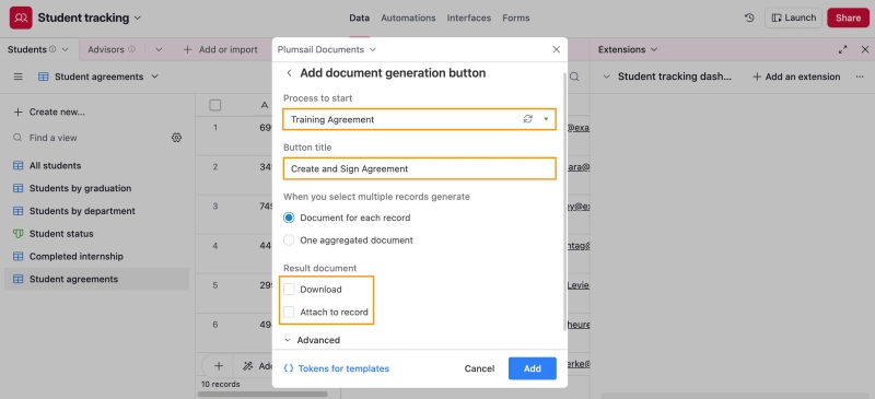 Configuring Plumsail Documents button extension in Airtable