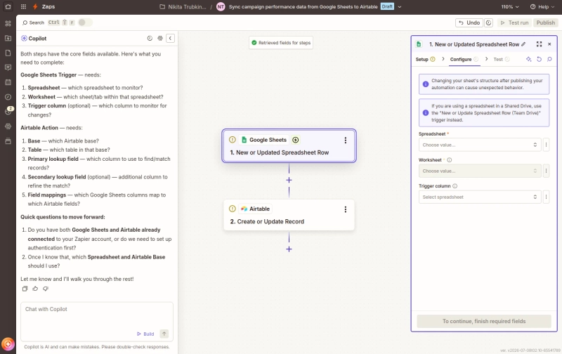 Zapier's template to sync campaign's performance from Google Sheets to Airtable