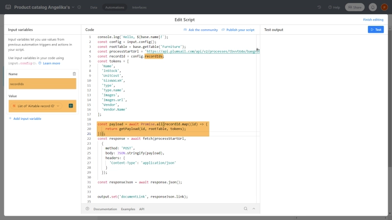 Completed Airtable automation script configured to generate one document from multiple records