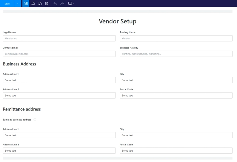 Vendor setup form designed in Plumsail Forms designer