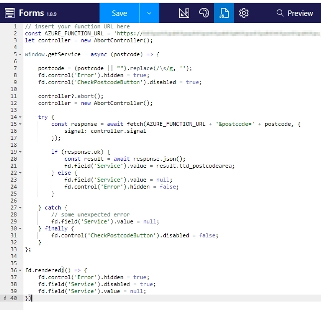 JavaScript call to Azure function on the form