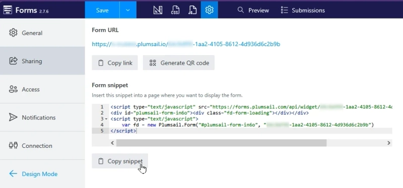 Settings menu with an HTML snippet to copy