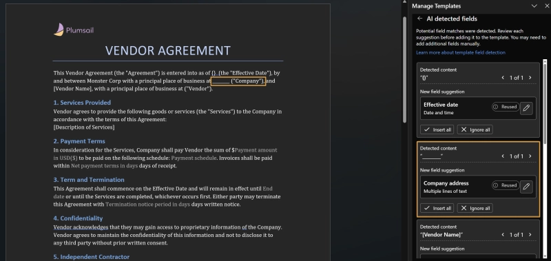 Structured document generation - Copilot suggestions for placeholders