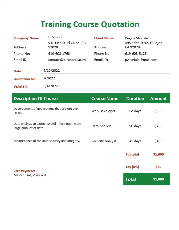 Training course quotation free template