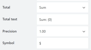 Plumsail Forms Data Table control settings for calculating the total by column with Sum
