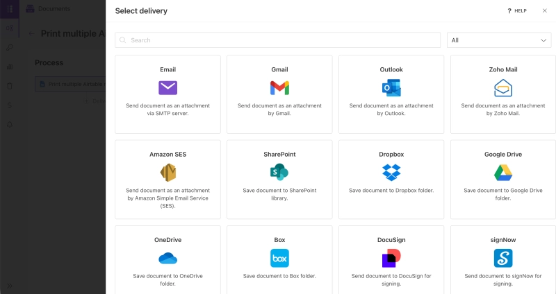 Plumsail Documents delivery settings for sending or storing the generated document