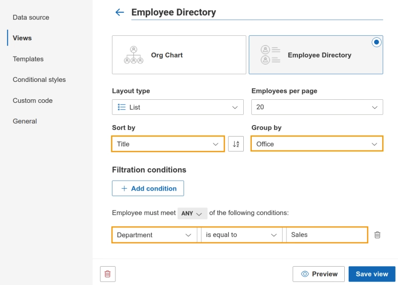 Employee Directory view settings within the configuration wizard
