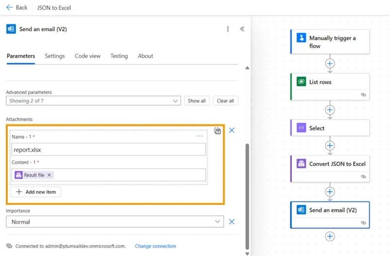 Power Automate step to send the Excel file via email with an attachment