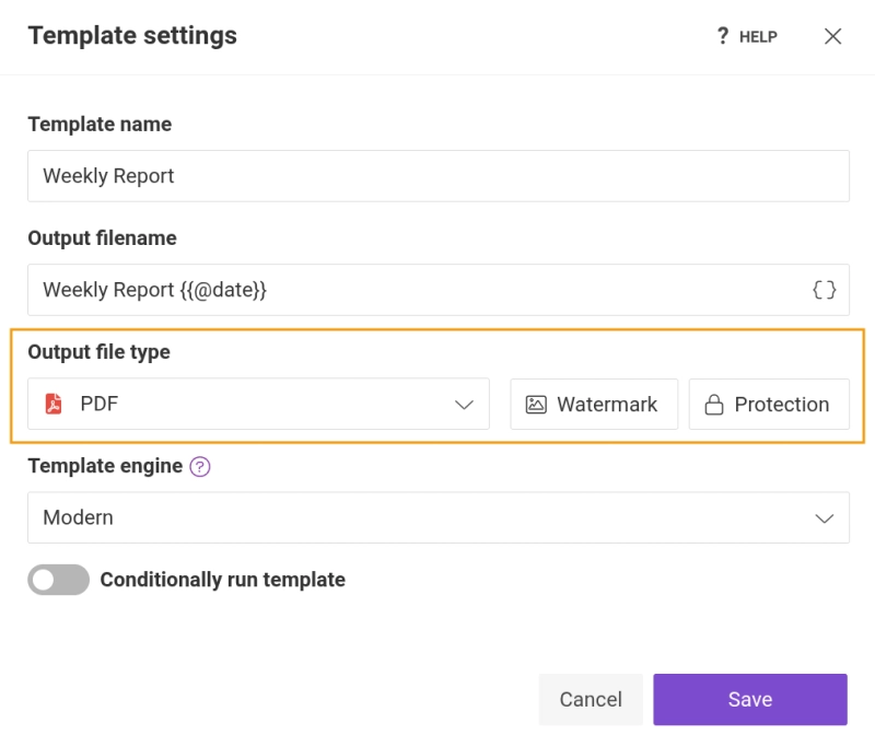 Plumsail Documents template settings for selecting the document output file type