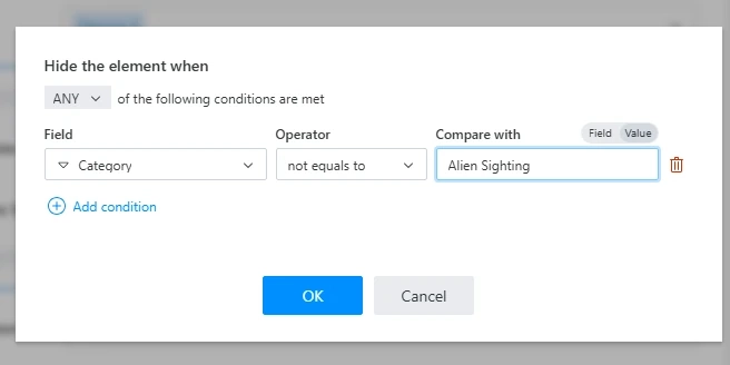 Dialog with no-code conditions to hide an element