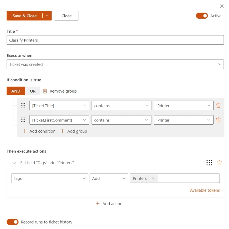 automation to set tags to new tickets