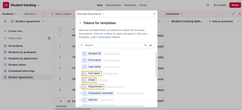 Airtable record tokens used to populate the Plumsail Documents template