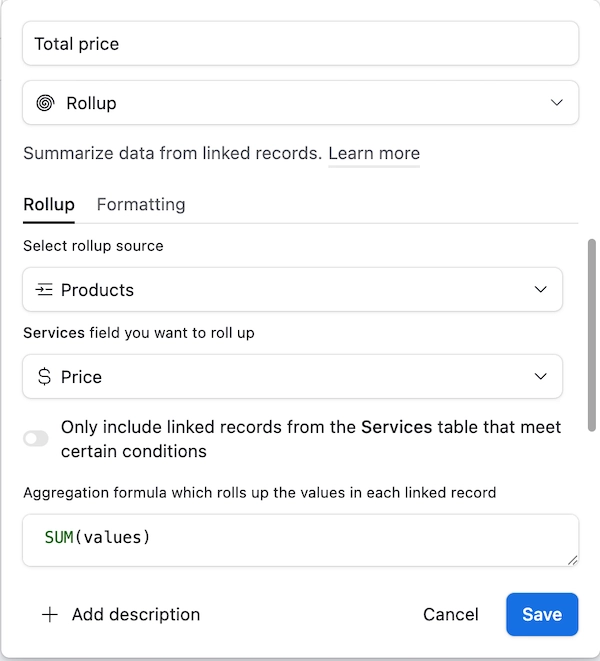 Total price field settings