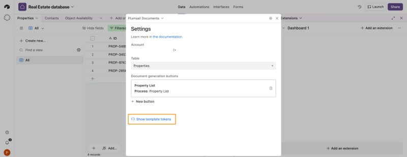 Show template tokens in Airtable to create PDF