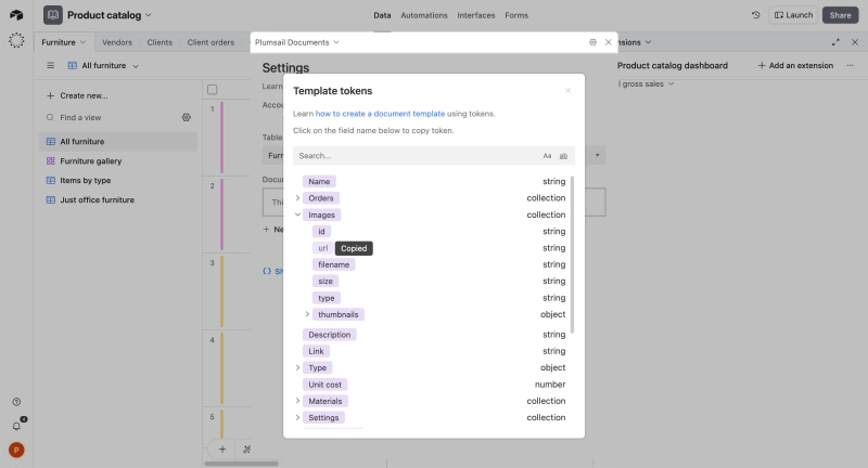 Airtable record tokens copied into a document template