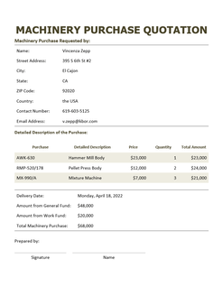 Machinery purchase quotation