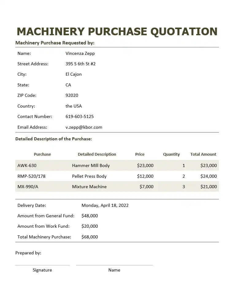 Machinery purchase quotation free template