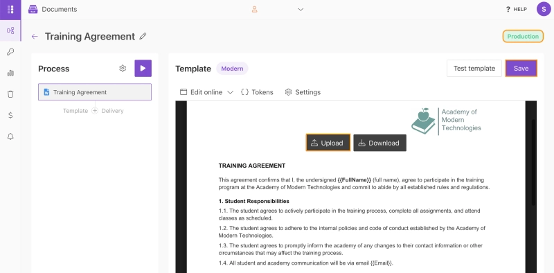 Plumsail Documents template settings with Airtable tokens verified