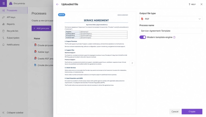 Upload template and name process
