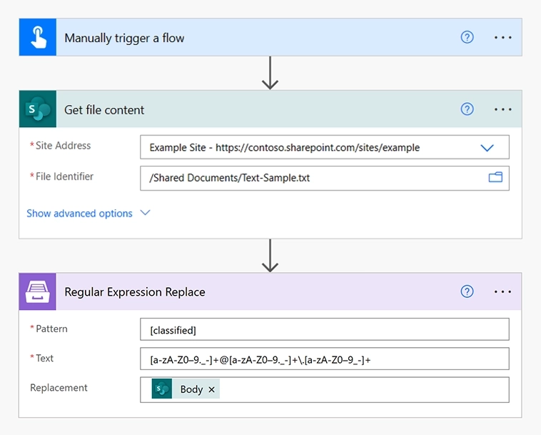Manually trigger a flow → Get file content → Regular Expression Replace