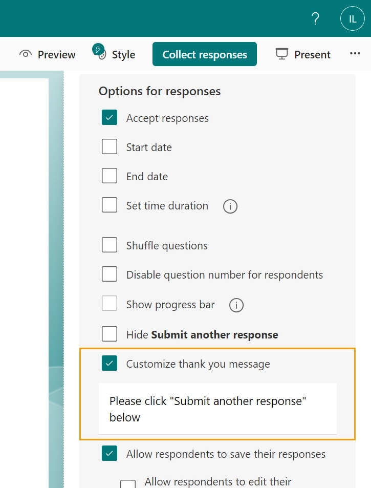 Customize the "Thank you" message of a Microsoft form