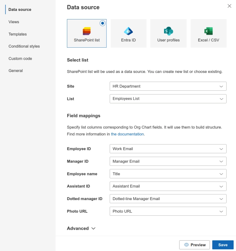 Mapping SharePoint list columns to Org Chart fields