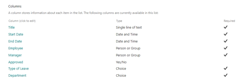 SharePoint List columns for time-off request list