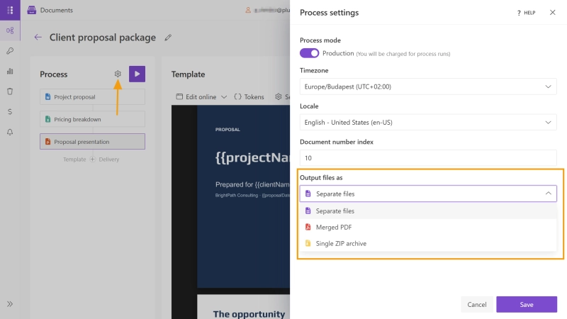 Plumsail Documents Process settings with Separate files selected as the output