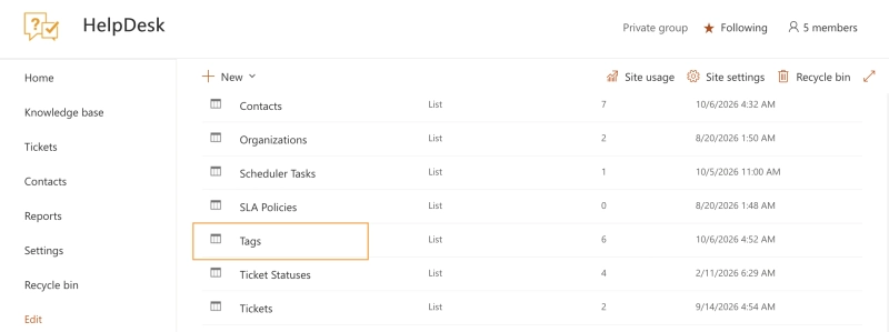 Tags list in SharePoint Site contents