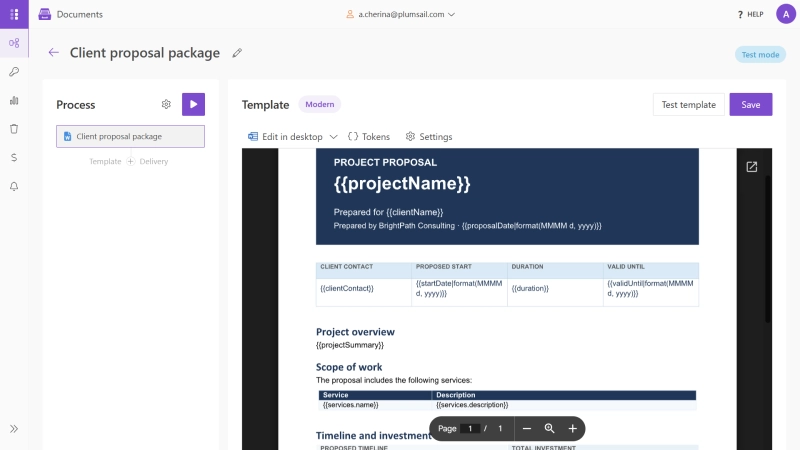 Word project proposal template with tokens for client and project data