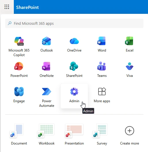 Admin Center button in the app launcher